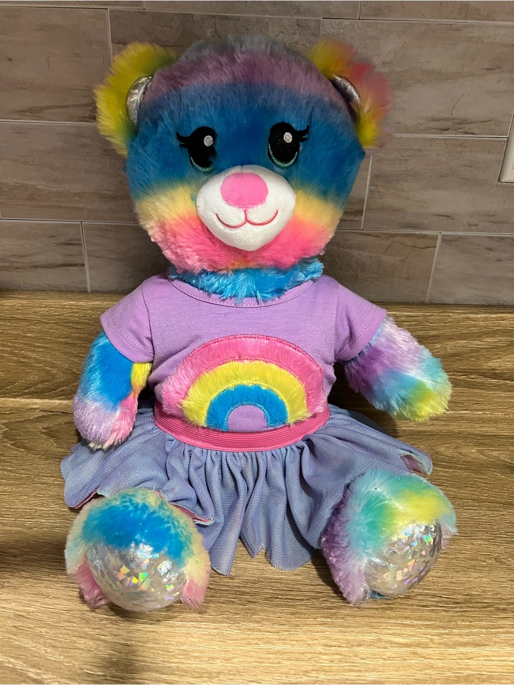 Build-A-Bear Rainbow Plush Bear in Blue, Pink, Yellow, Purple